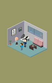 In einer Büroszene steht eine Frau neben dem Schreibtisch, im Hintergrund ist ein Sofa zu sehen