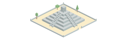 Eine stilisierte Pyramide mit mehreren Stufen und einer kleinen Struktur an der Spitze, umgeben von Bäumen und Sand.