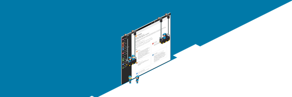 Zwei kleine Figuren stehen vor einem großen Bildschirm, der eine Webseite mit Informationen über TYPO3 zeigt.