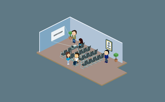 In einem modernen Raum stehen mehrere Personen, während andere in Stühlen sitzen und auf einen Workshop warten.