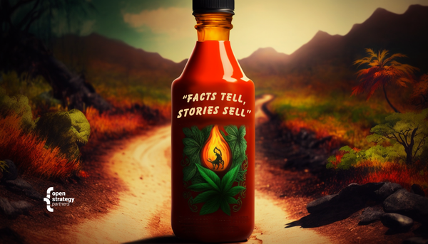 A virtual bottle of sriracha before an abandoned road reading "facts tell, stories sell"