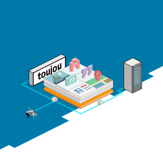 Ein grafisches Konzept, das die Verbindung zwischen einem Computer und einer Datenbank in einem digitalen Raum darstellt.