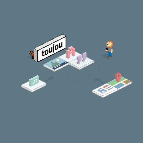 Eine stilisierte Szene zeigt einen Mann, der ein Smartphone benutzt, umgeben von digitalen Symbolen und einem Hund im Hintergrund.