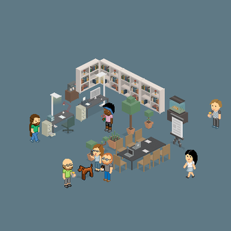 In einem modernen Büro stehen mehrere Personen um einen Tisch, während ein Hund zwischen ihnen spielt und Pflanzen im Hintergrund stehen.