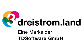 Logo dreistromland mit pink-gelb-blauen Kreisen, darin eine weiße 3 und dem Schriftzug dreistrom.land eine Marke der TDSoftware GmbH