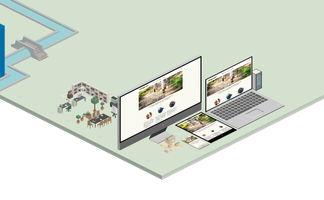 Ein kreativer Arbeitsbereich mit technischen Geräten, die eine entspannende Website präsentieren, umgeben von einer ruhigen Umgebung.