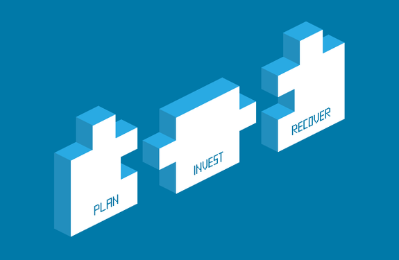 Grafik aus drei Puzzlestücken mit der Aufschrift: Plan, Invest, Recover