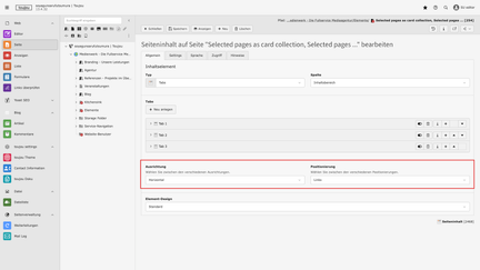 Screenshot vom toujou-Backend, dass zeigt, wie ein Ausrichtung und Position der Tabs eingestellt wird im roten Kästchen