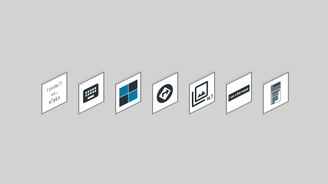 Sieben Icons zum Thema Barrierfreiheit auf grauem Hintergrund