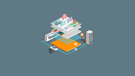 Eine stilisierte Darstellung eines digitalen Arbeitsplatzes mit verschiedenen Ebenen von Anwendungen und einem Benutzer.