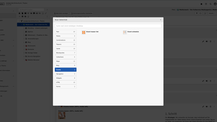 Screenshot des toujou-Backends bei der man die Elementgruppe Events sieht