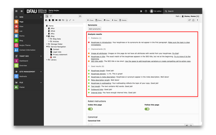 Ein Screenshot einer Benutzeroberfläche zeigt eine Analyse von SEO-Elementen, einschließlich Verbesserungsvorschlägen und Ergebnissen.