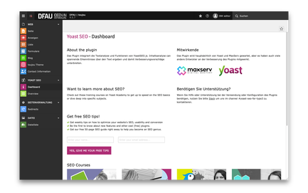 Das Dashboard von Yoast SEO zeigt wichtige Informationen zur Textanalyse und Verbesserungsvorschläge für Webseiten.