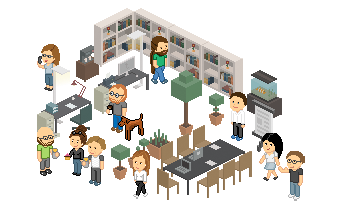 In einem modernen Büro stehen Mitarbeiter zusammen, telefonieren und diskutieren, umgeben von Regalen voller Bücher.