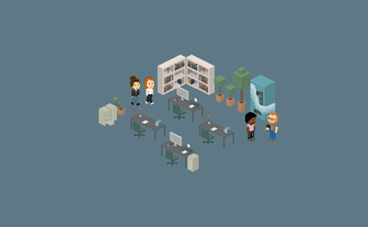 Pixelgrafik einer Büroeinrichtung und Mitarbeitern