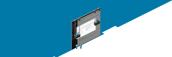 Eine digitale Benutzeroberfläche wird von zwei Figuren auf einer Hebebühne betrachtet, während sie an einem Projekt arbeiten.