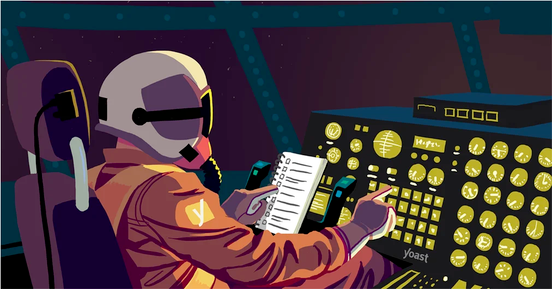 Der Astronaut trägt einen Helm und eine orangefarbene Raumanzug, während er auf das Bedienfeld zeigt.