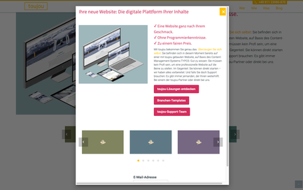 Screenshot des Elements Modal, das eine neue Seite öffnet