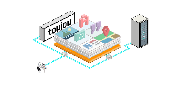 Eine stilisierte Darstellung eines digitalen Interfaces mit bunten Symbolen und einem Computer, der mit einem Server verbunden ist.