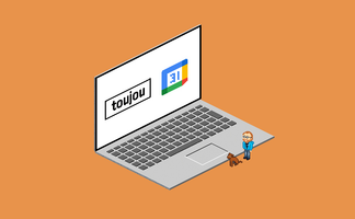 Übergroßer Laptop mit Terminvereinbarung und orangenem Hintergrund