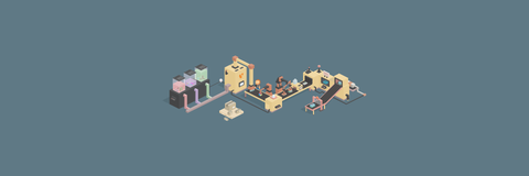 Eine farbenfrohe, stilisierte Szene mit verschiedenen Maschinen und Figuren, die in einer kreativen Umgebung arbeiten.