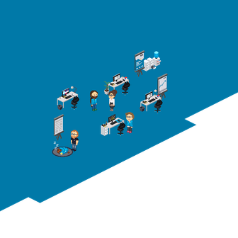 Eine Gruppe von Menschen steht um einen Tisch, während sie an einem Projekt arbeiten und sich austauschen.