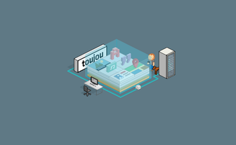 Der Mann in einem Büroumfeld betrachtet digitale Elemente, während sein Hund neugierig neben ihm steht.