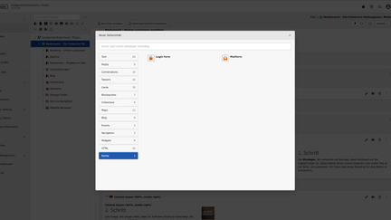 Screenshot des toujou-Backends bei der man die Elementgruppe Forms sieht