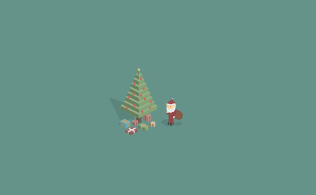 Ein fröhlicher Weihnachtsmann steht neben einem festlich geschmückten Weihnachtsbaum mit bunten Geschenken darunter.