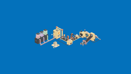 Eine farbenfrohe, stilisierte Darstellung einer Produktionslinie mit Robotern und Menschen, die an Computern arbeiten.