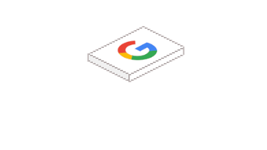 Ein stilisiertes Google-Logo auf einer weißen Plattform, die leicht schräg steht und einen modernen Look vermittelt.
