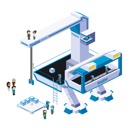 Die Illustration zeigt eine innovative Hebemaschine, umgeben von Mitarbeitern, die an der Logistik von Bausteinen für eine Website arbeiten.