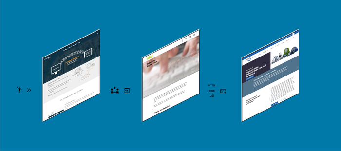 Drei Beispiel-Websites von dkd-Projekten auf blauem Hintergrund