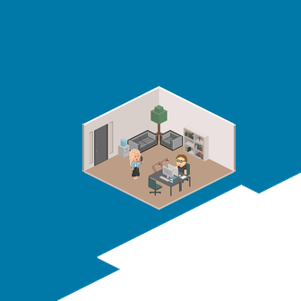 In einem modernen Raum stehen zwei Personen, während eine am Tisch an einem Laptop arbeitet und eine andere zuschaut.