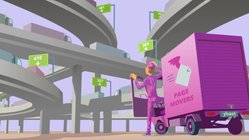 Ein Mann in lila Kleidung steht vor einem pinken Lieferwagen und studiert die Richtungsschilder auf einer mehrspurigen Straße.