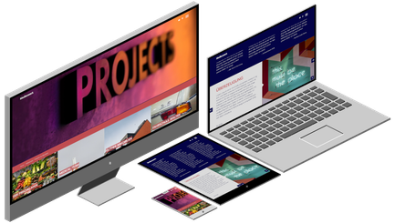 Ein moderner Computerbildschirm zeigt eine kreative Website mit dem Wort 'PROJEKTE' in leuchtenden Farben.
