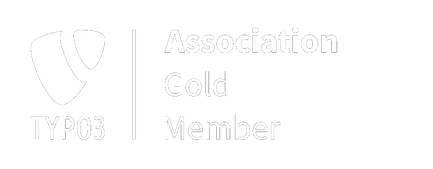 Das TYPO3 Logo mit einem Schriftzug Association Gold Member, alles in weiss gehalten