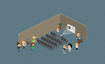 Eine Gruppe von Menschen steht in einem Raum mit Stühlen, während eine Präsentation an einer Wand gezeigt wird.