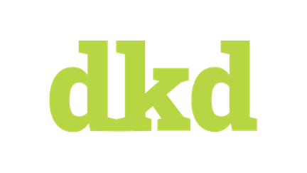 Ein modernes Logo in Grün und Schwarz, das die Buchstaben dkd und die Worte Entwicklung, Kommunikation, Design zeigt.