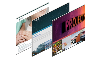 Drei Screens mit modernen Websites zeigen farbige Templates