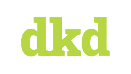 Ein modernes Logo in Grün und Schwarz, das die Buchstaben dkd und die Worte Entwicklung, Kommunikation, Design zeigt.