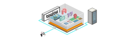 Eine kreative digitale Szene zeigt einen Arbeitsplatz mit einem Computer, umgeben von bunten Symbolen und einem Hund.