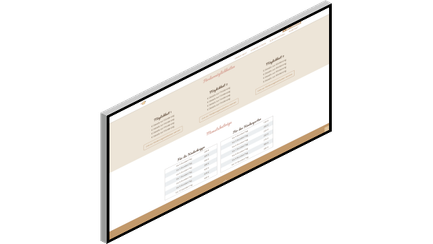 Eine schräg dargestellte Webseite zeigt eine Tabelle mit Produktdetails und Preisen in einem eleganten Design.