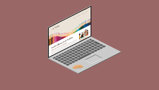 Ein Laptop mit einer bunten Website, die von Buntstiften inspiriert ist, steht auf einem einfarbigen Hintergrund.