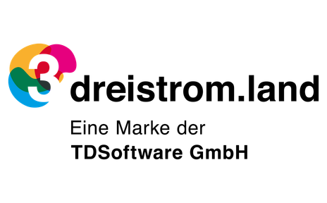 Logo dreistromland mit pink-gelb-blauen Kreisen, darin eine weiße 3 und dem Schriftzug dreistrom.land eine Marke der TDSoftware GmbH