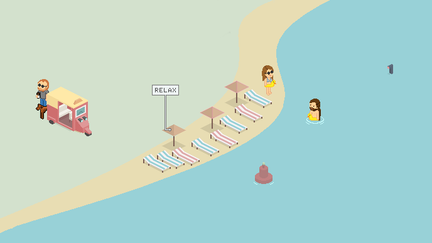 Ein entspannter Strand mit Liegen, einem Schild mit der Aufschrift 'RELAX' und einem Mann, der im Wasser schwimmt.