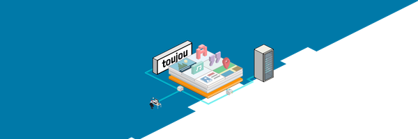 Eine stilisierte Darstellung eines digitalen Arbeitsplatzes mit einem Computer und verschiedenen Symbolen auf einem blauen Hintergrund.