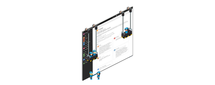 Zwei Bauarbeiter in blauen Helmen arbeiten an einem großen Bildschirm, der Informationen über TYPO3 anzeigt.