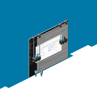 Eine digitale Benutzeroberfläche wird von zwei Figuren auf einer Hebebühne betrachtet, während sie an einem Projekt arbeiten.