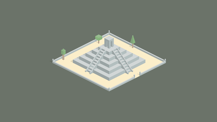 Eine stilisierte Pyramide mit mehreren Treppen und einem kleinen Tempel auf der Spitze, umgeben von Bäumen.